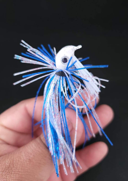 Custom Finesse SwimJig Lure 60 Degree 4/0 Hook 3/8 oz Blue/clear/red black flake - JQ's ReefShack LLC